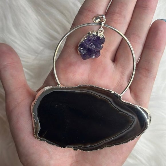Black Agate Amethyst Statement Pendant This Gold Plated Dyed Black Agate and Ame